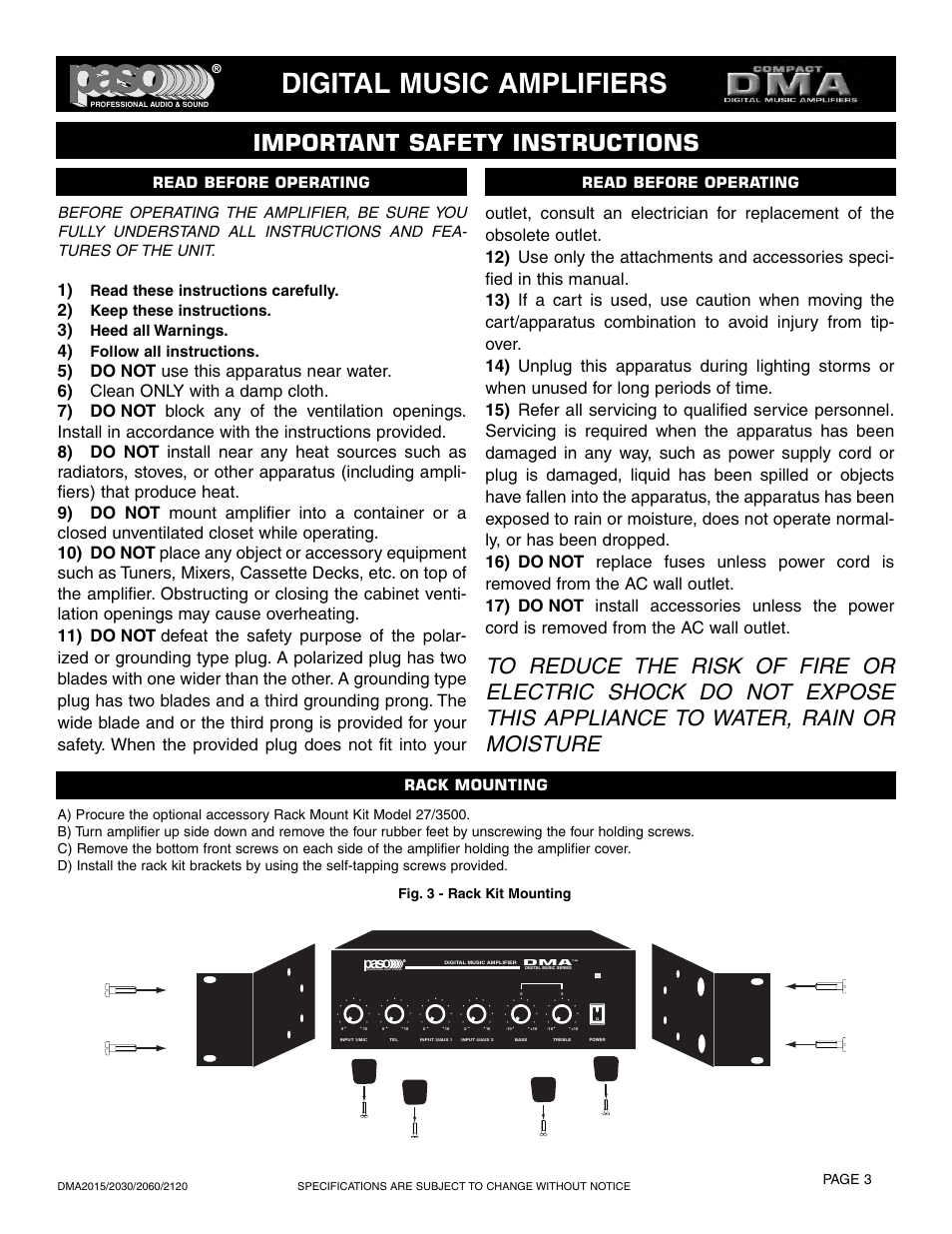 Digital music amplifiers, Important safety instructions, Rack mounting | Read before operating, Read these instructions carefully, Keep these instructions, Heed all warnings, Follow all instructions | Paso Sound DMA2015 User Manual | Page 3 / 32