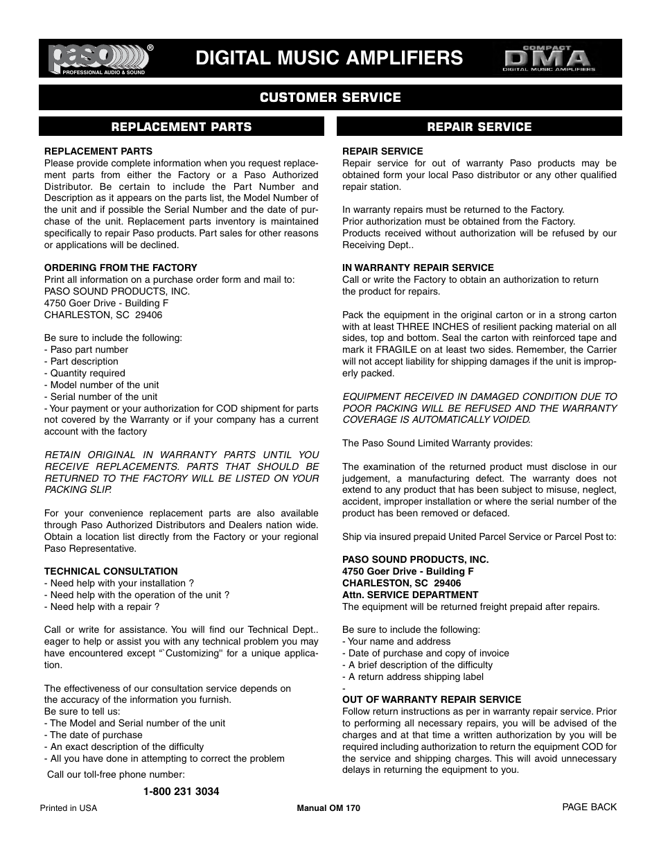 Digital music amplifiers, Customer service | Paso Sound DMA2015 User Manual | Page 32 / 32