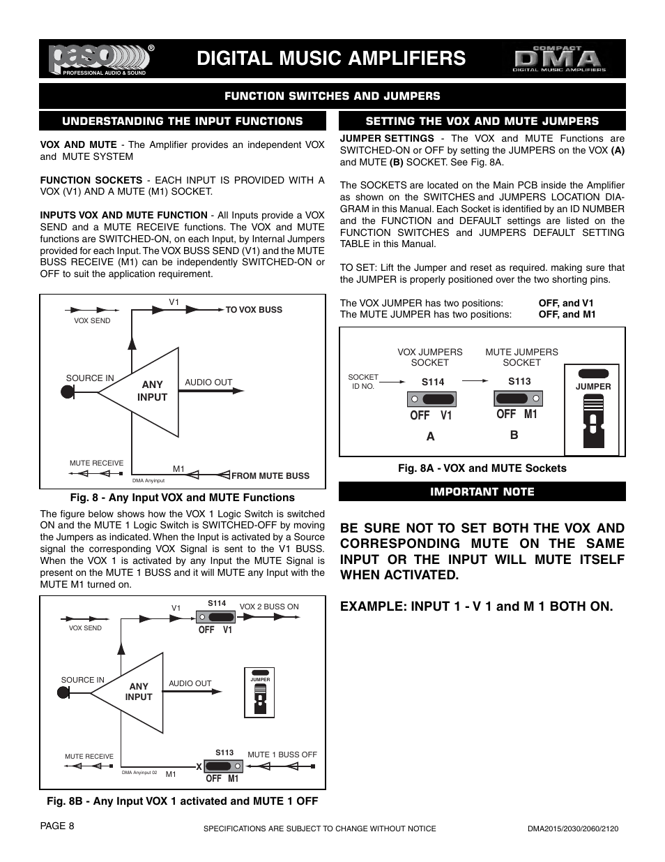 Digital music amplifiers, Off m1 off v1 | Paso Sound DMA2015 User Manual | Page 8 / 32