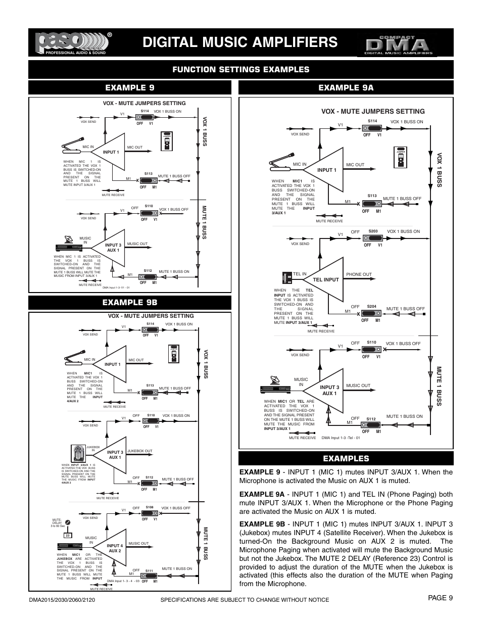 Digital music amplifiers, Function settings examples, Example 9 | Example 9b example 9a examples, Page 9, Vox - mute jumpers setting | Paso Sound DMA2015 User Manual | Page 9 / 32