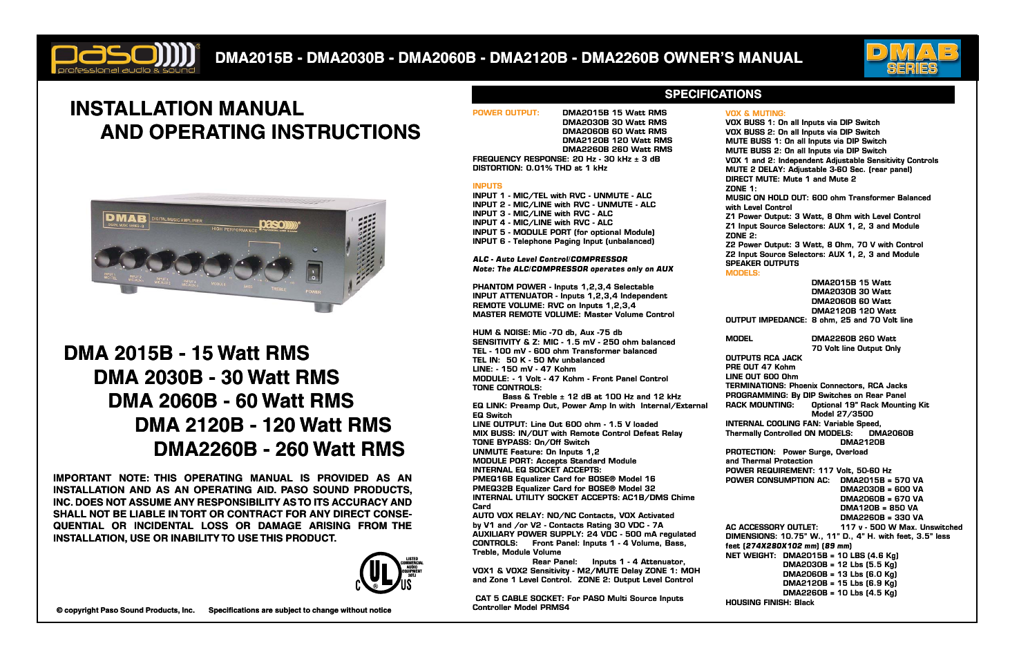 Paso Sound DMA2015B User Manual | 13 pages