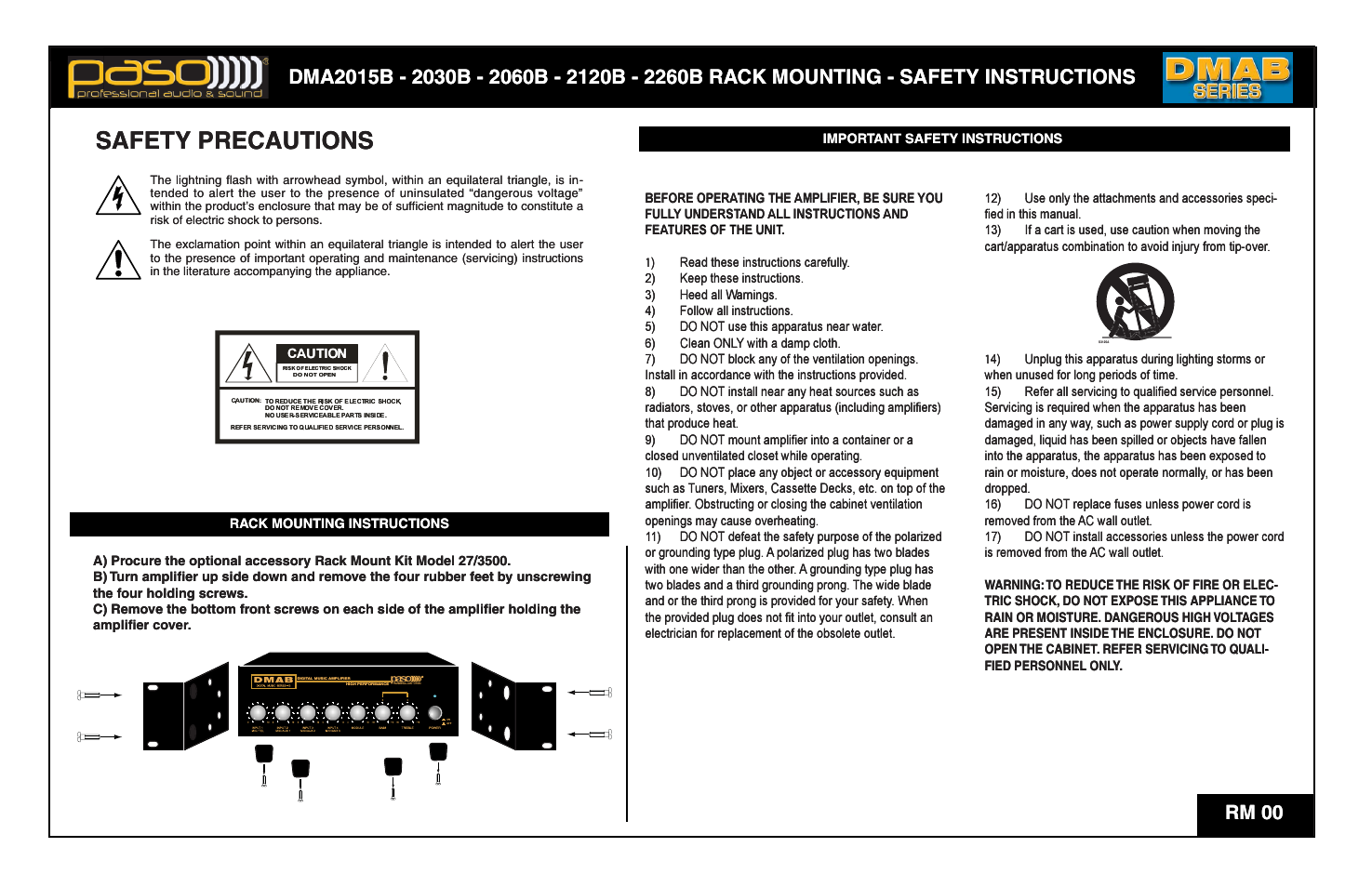 Safety precautions, Safety pre, Ecautions | Dma2015, Ck mo 260b ra, Ounting - saf, Uc fety instr, Ctions, Rm 00, Ting the efore operaat | Paso Sound DMA2015B User Manual | Page 2 / 13