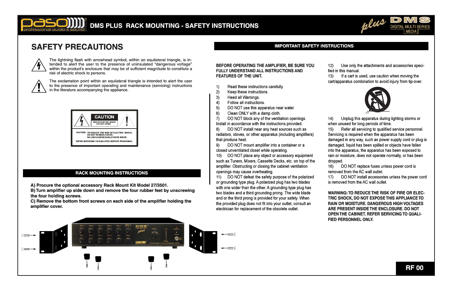 Plus, Safety precautions, Safety pre | Ecautions, Rf 00, Dms plus rack mounting - safety instructions, Dms plus, Ck mountin ra, Ng - safety in, Uctions nstr | Paso Sound DMS120P User Manual | Page 2 / 15