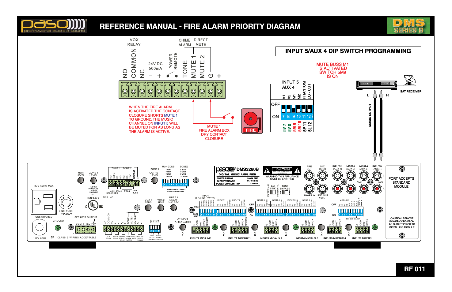 Reference manual - fire alarm priority diagram, Refere, Aence manu | Al - fire ala, Arm priority, Gram y dia, Rf 011, Input 5/aux 4 dip switch programming, Input 5, Ux 4 dip swit 5/a | Paso Sound DMS3040B User Manual | Page 12 / 12