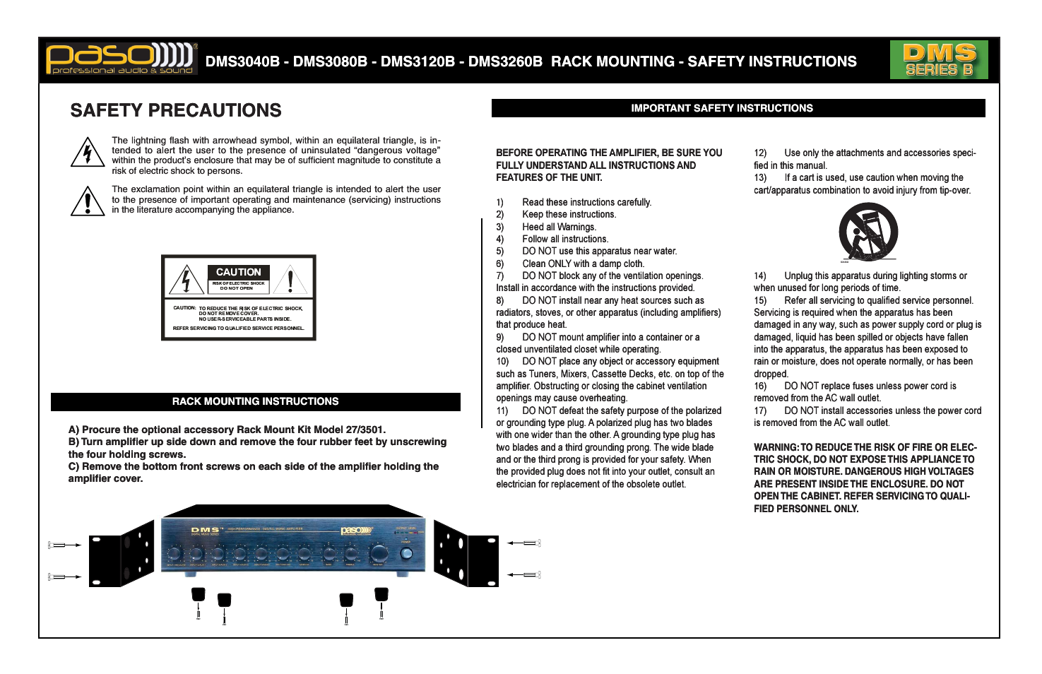 Safety precautions, Safety pre, Ecautions | Dms3040b, Dms3080b - dm, Ms3120b - dms, Ck m ra s3260b, Mounting - sa, Uc afety instr, Ctions | Paso Sound DMS3040B User Manual | Page 2 / 12