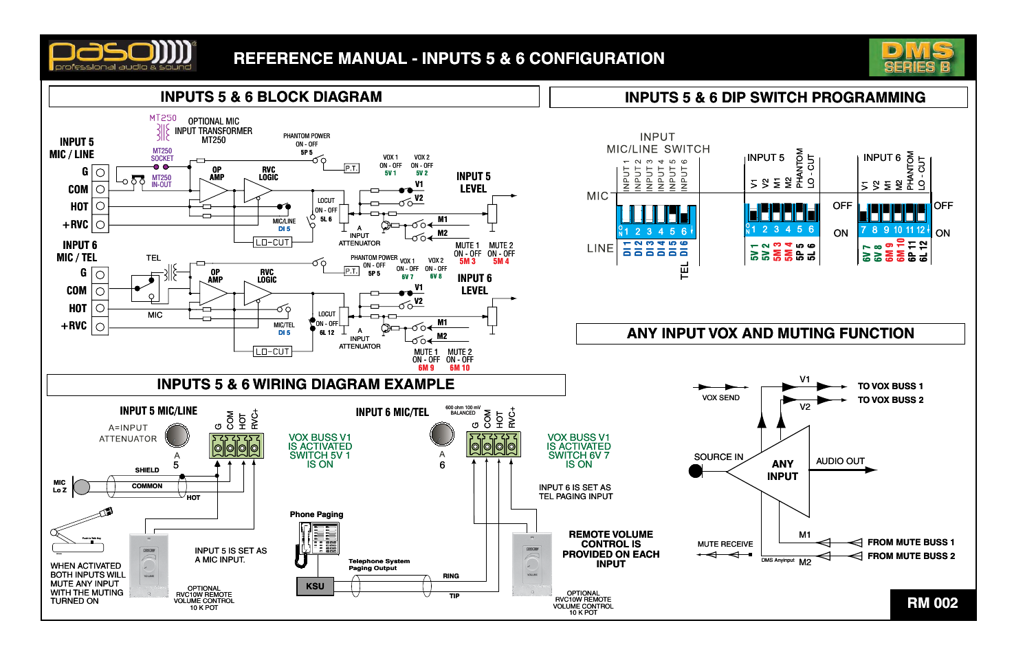 Reference manual - inputs 5 & 6 configuration, Refer, Rence manu | Al - inputs 5 u 5 & 6 config tion gura at, Rm 002, Puts 5 & 6 blo, Gram ock dia, Inputs 5 & 6 dip switc ogramm ch pr ming, Any inpu, X and mu o v ut | Paso Sound DMS3040B User Manual | Page 5 / 12