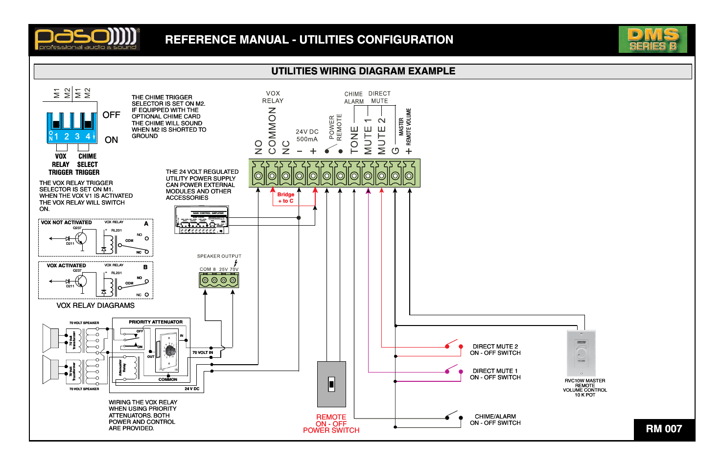 Reference manual - utilities configuration, Refer, Arence manu | Al - utilities, S configura, Tion a at, Rm 007, Utilities wiring diagram example, Wirin utilities, Gram ex ng dia | Paso Sound DMS3040B User Manual | Page 8 / 12