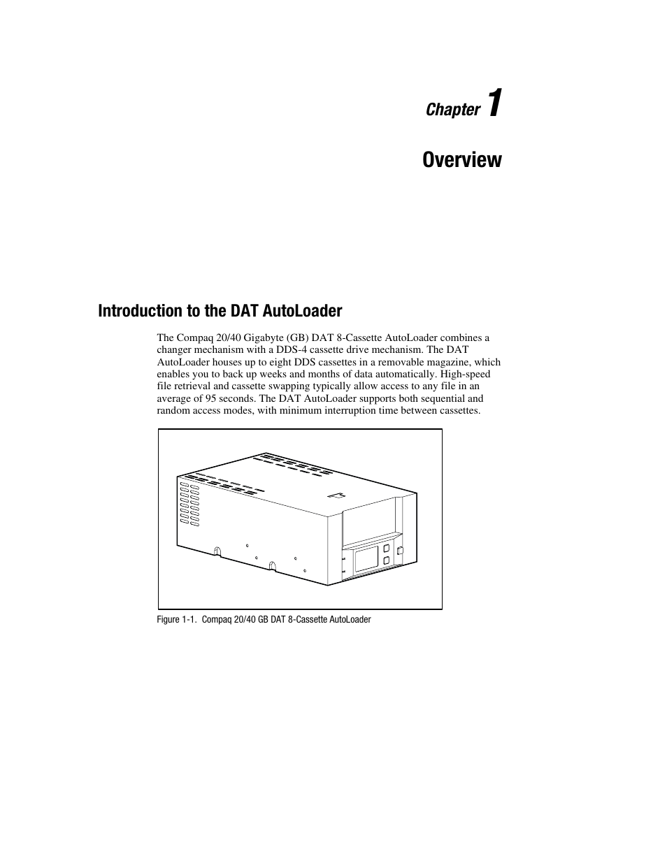 Chapter 1: overview, Introduction to the dat autoloader, Chapter 1 | Overview | Compaq 326817-003 User Manual | Page 11 / 80