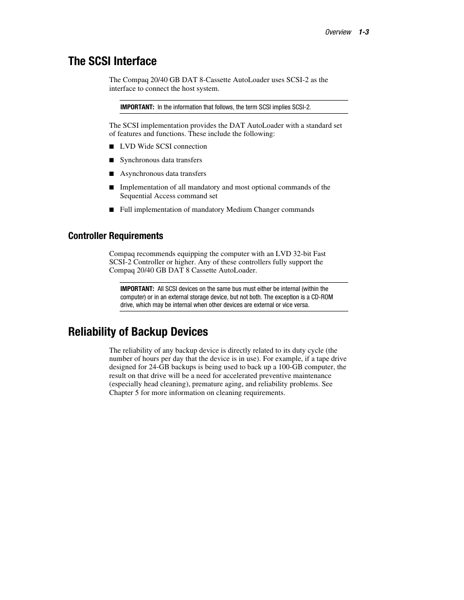 The scsi interface, Controller requirements, Reliability of backup devices | Compaq 326817-003 User Manual | Page 13 / 80