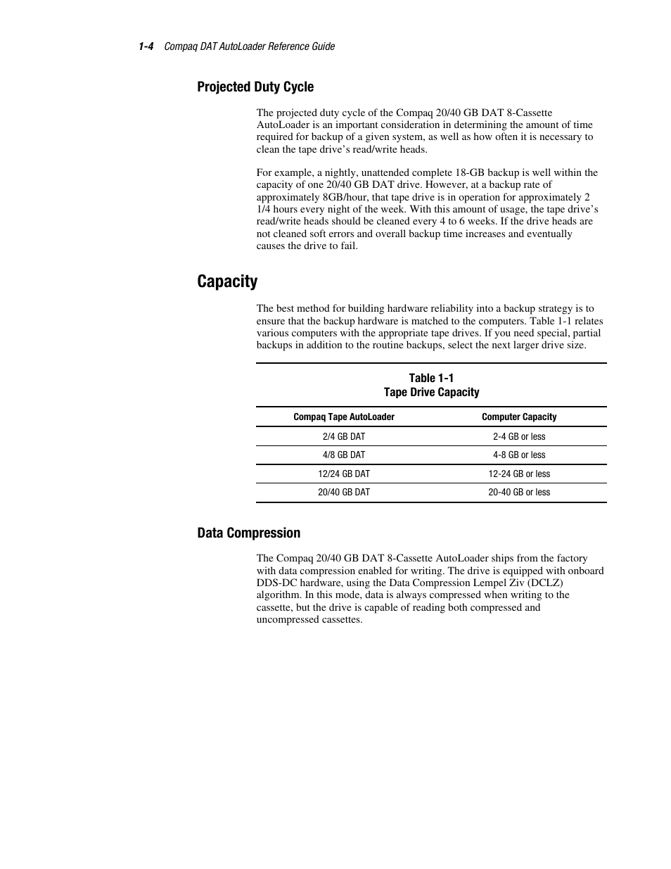 Projected duty cycle, Capacity, Data compression | Compaq 326817-003 User Manual | Page 14 / 80