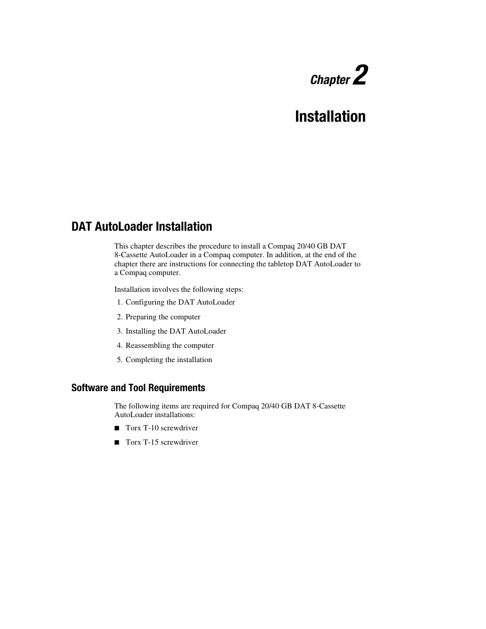 Chapter 2: installation, Dat autoloader installation, Software and tool requirements | Chapter 2, Installation, Chapter | Compaq 326817-003 User Manual | Page 19 / 80
