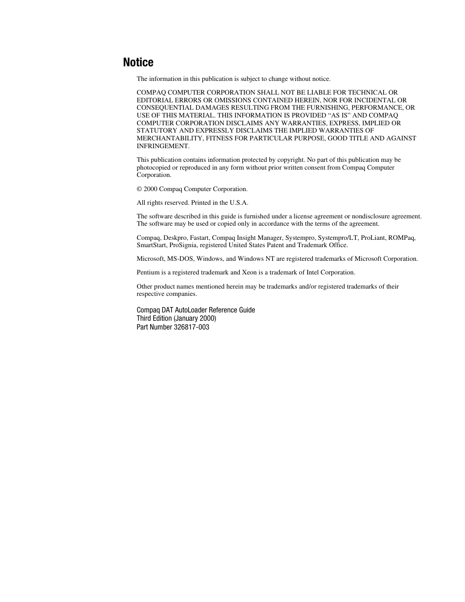 Notice | Compaq 326817-003 User Manual | Page 2 / 80