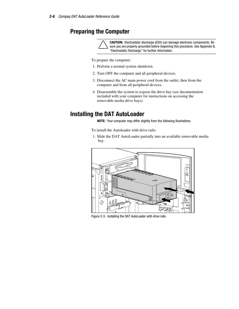 Preparing the computer, Installing the dat autoloader | Compaq 326817-003 User Manual | Page 24 / 80