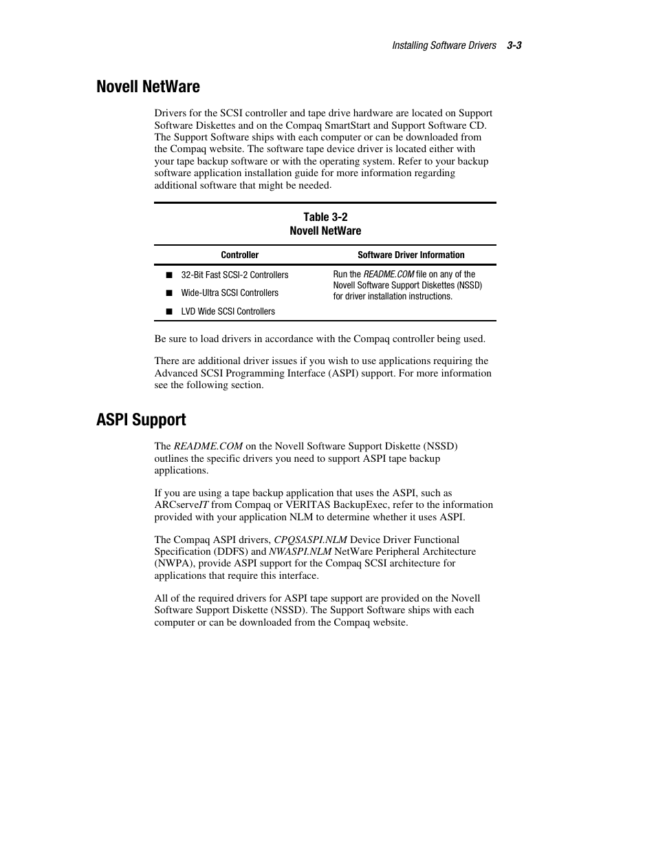 Novell netware, Aspi support | Compaq 326817-003 User Manual | Page 31 / 80