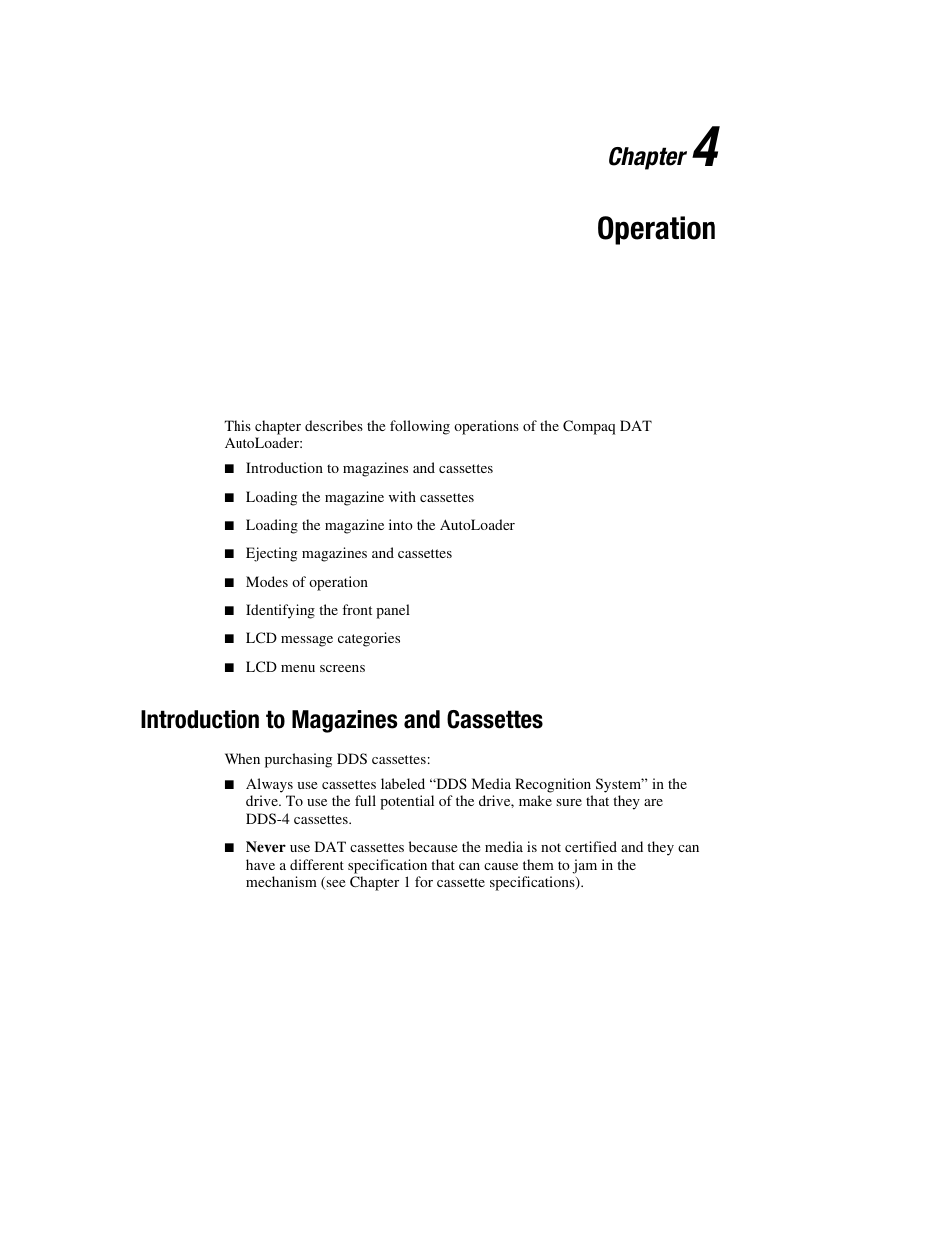 Chapter 4: operation, Introduction to magazines and cassettes, Chapter 4 | Operation, Chapter | Compaq 326817-003 User Manual | Page 37 / 80