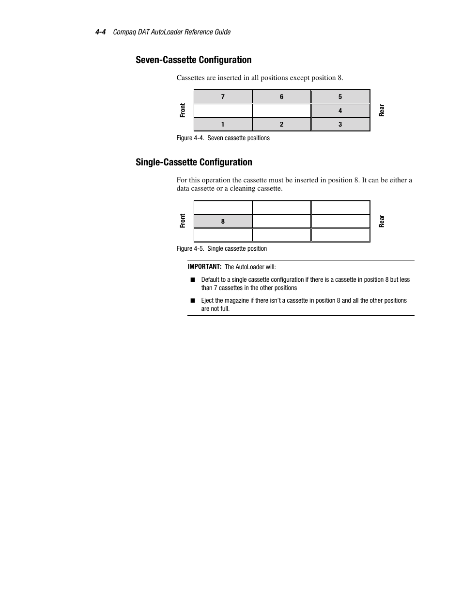 Seven-cassette configuration, Single-cassette configuration | Compaq 326817-003 User Manual | Page 40 / 80