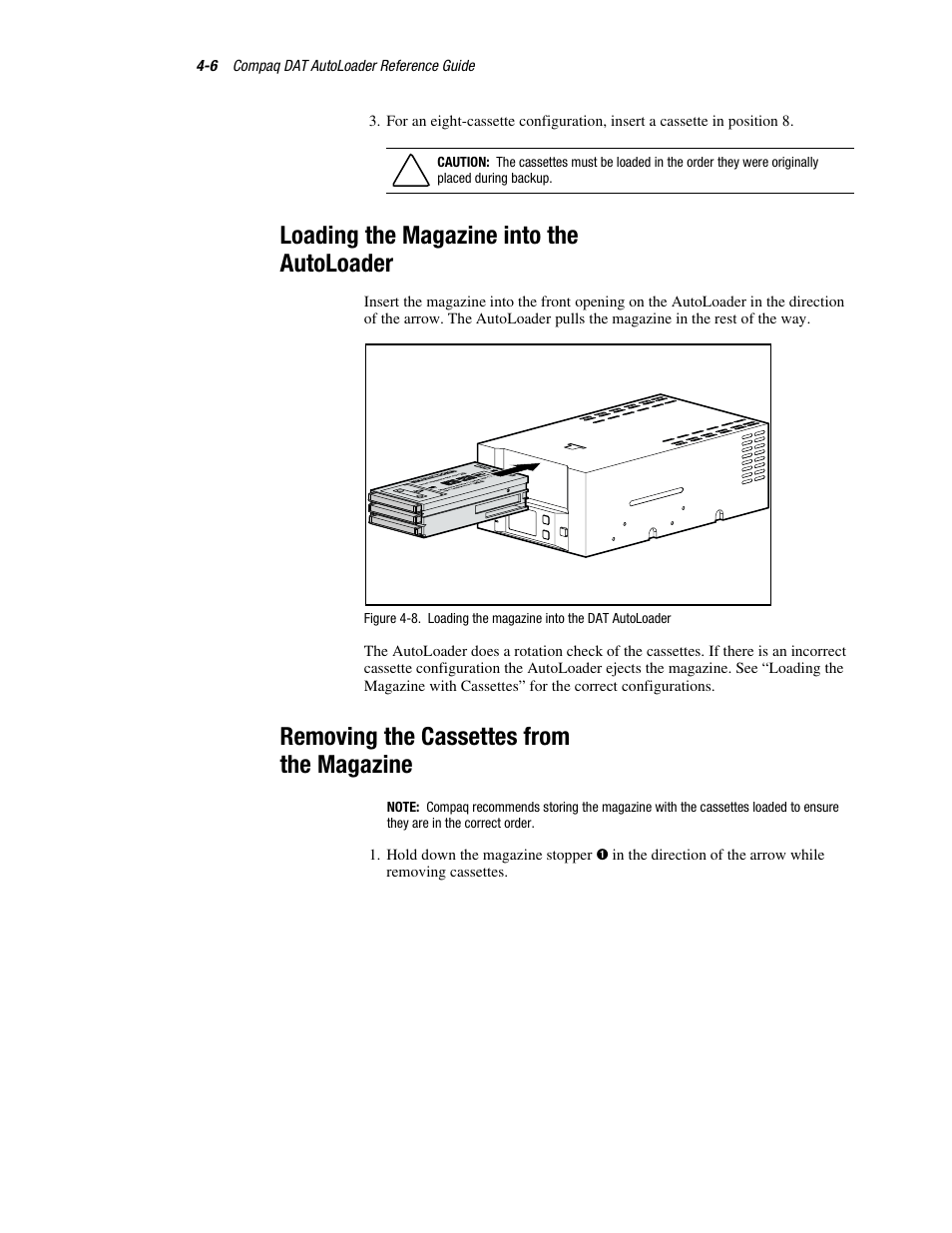 Loading the magazine into the autoloader, Removing the cassettes from the magazine | Compaq 326817-003 User Manual | Page 42 / 80