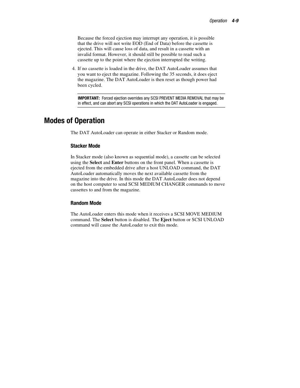 Modes of operation, Stacker mode, Random mode | Compaq 326817-003 User Manual | Page 45 / 80