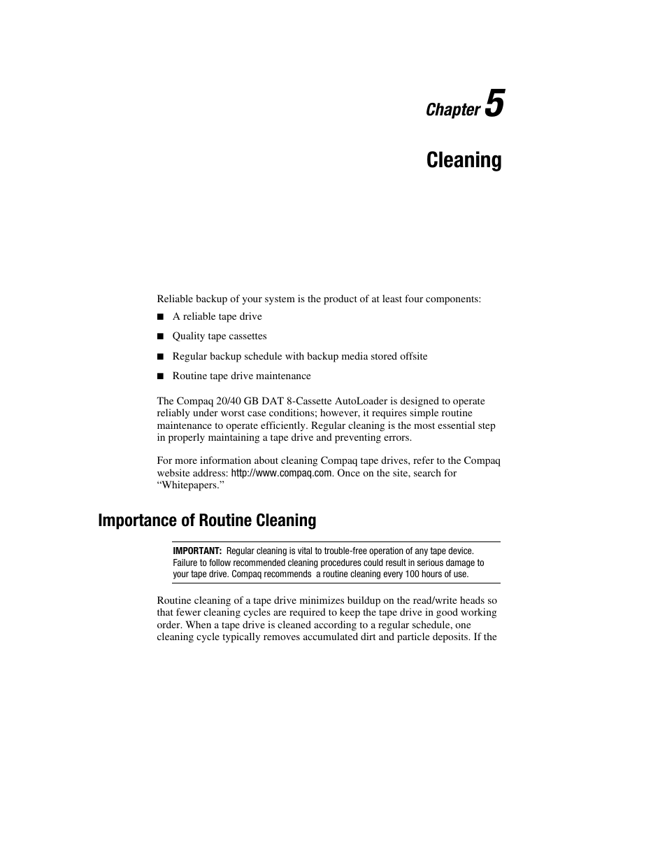 Chapter 5: cleaning, Importance of routine cleaning, Chapter 5 | Cleaning, Chapter | Compaq 326817-003 User Manual | Page 54 / 80