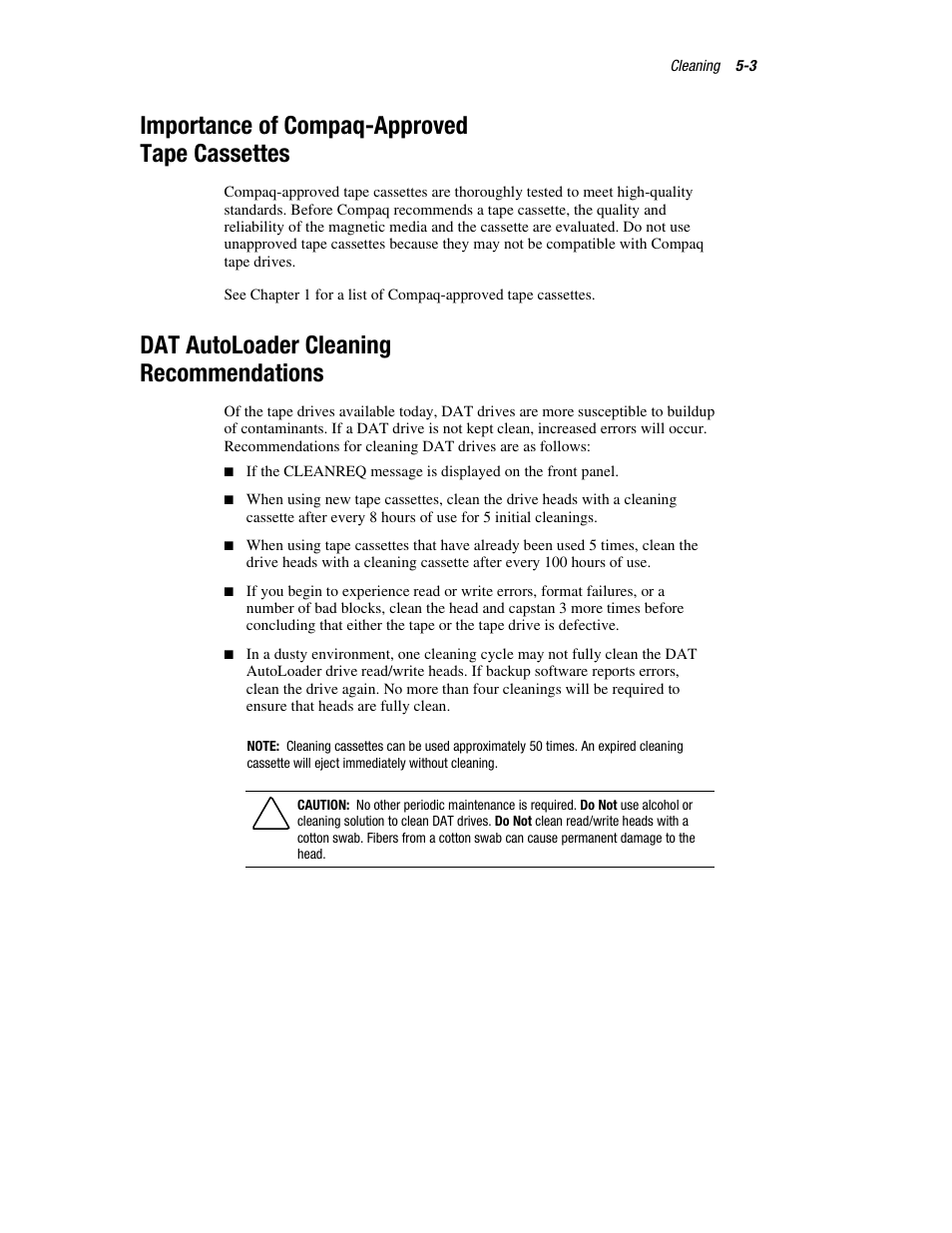 Importance of compaq-approved tape cassettes, Dat autoloader cleaning recommendations | Compaq 326817-003 User Manual | Page 56 / 80