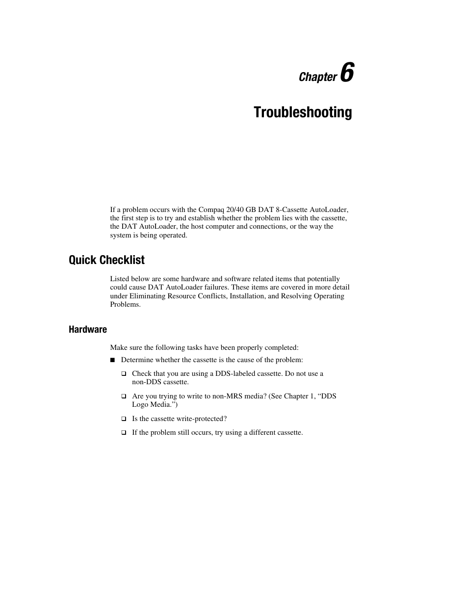 Chapter 6: troubleshooting, Quick checklist, Hardware | Chapter 6, Troubleshooting, Chapter | Compaq 326817-003 User Manual | Page 58 / 80