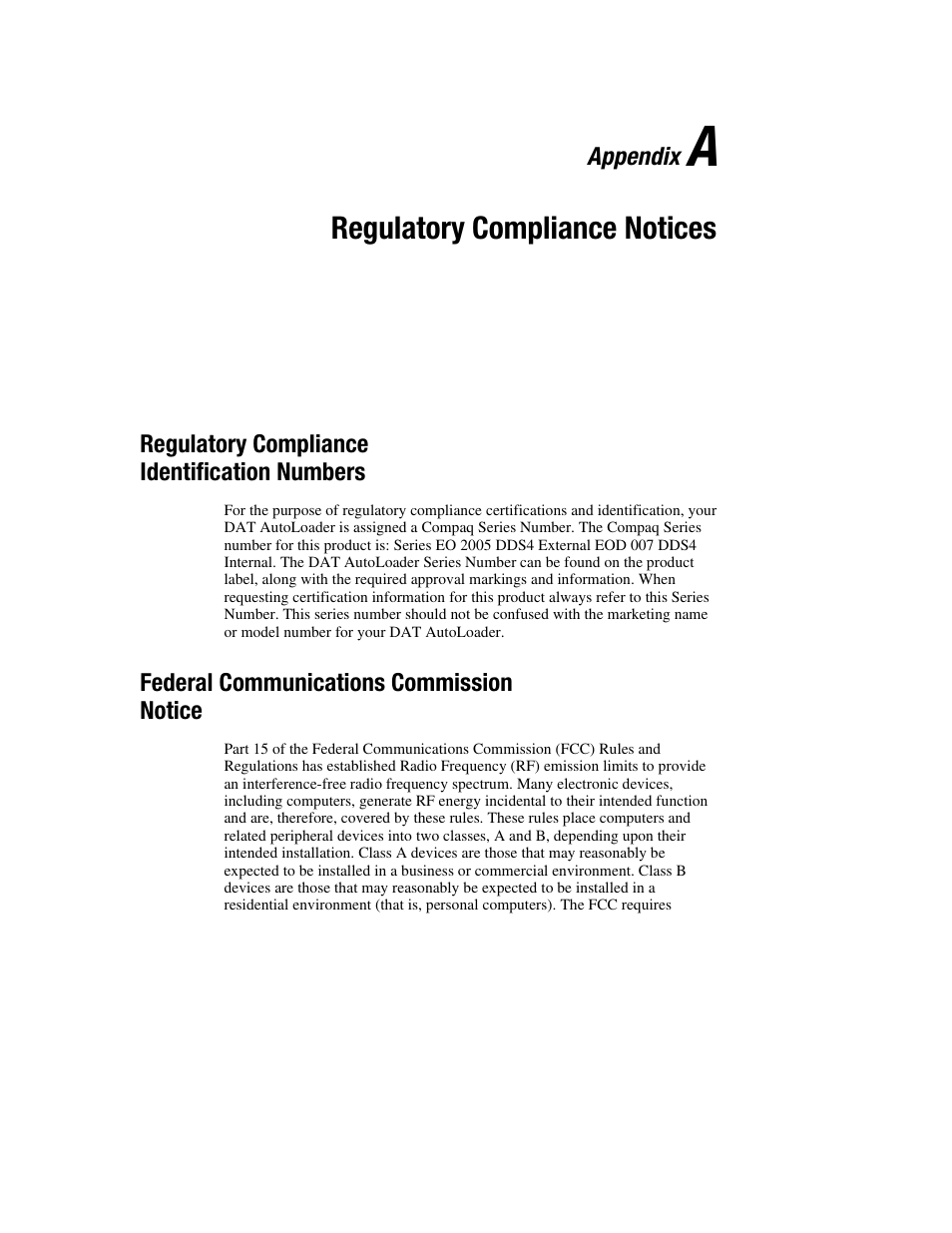 Appendix a: regulatory compliance notices, Regulatory compliance identification numbers, Federal communications commission notice | Appendix a, Regulatory compliance notices | Compaq 326817-003 User Manual | Page 65 / 80