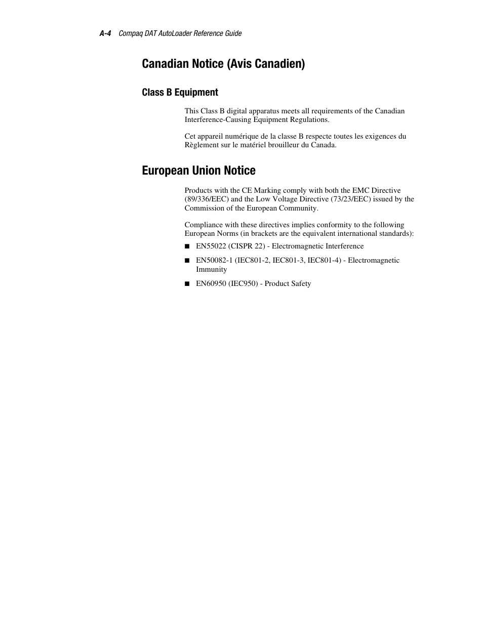 Canadian notice (avis canadien), Class b equipment, European union notice | Compaq 326817-003 User Manual | Page 68 / 80