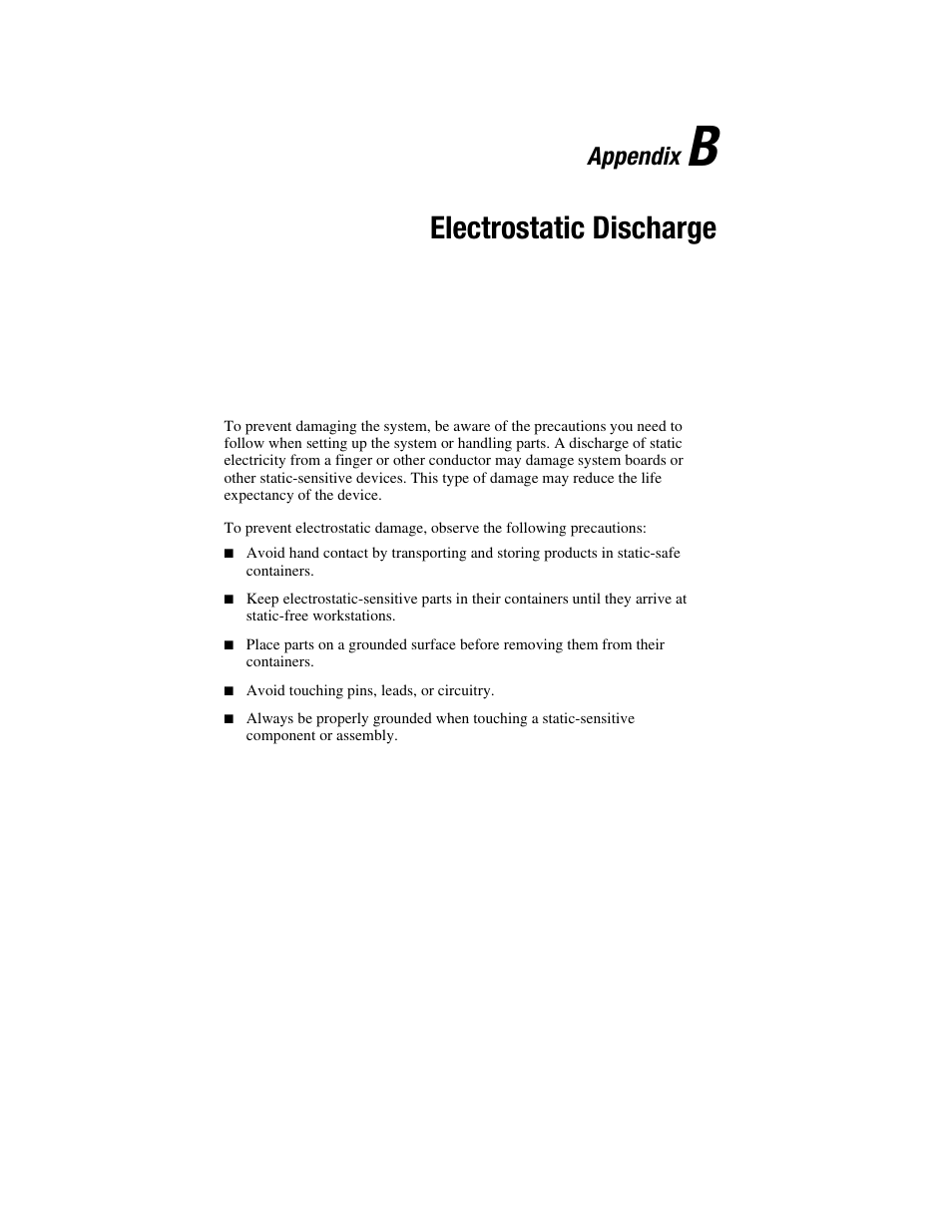 Appendix b: electrostatic discharge, Appendix b, Electrostatic discharge | Appendix | Compaq 326817-003 User Manual | Page 70 / 80