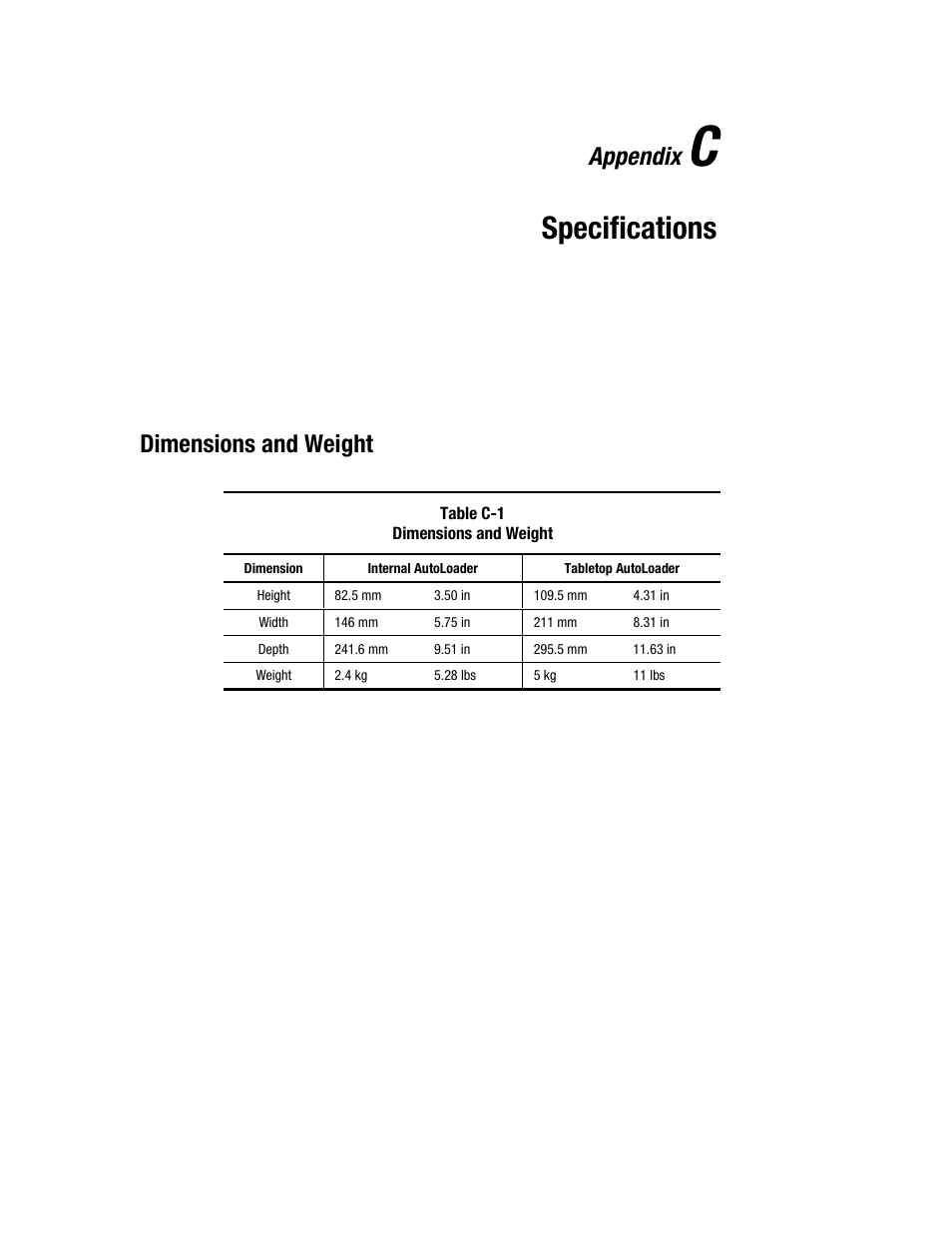 Appendix c: specifications, Dimensions and weight, Appendix c | Specifications, Appendix | Compaq 326817-003 User Manual | Page 72 / 80