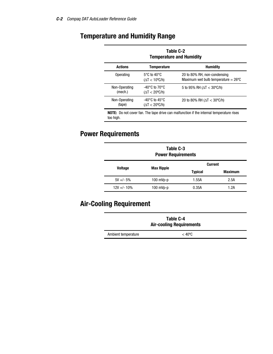 Temperature and humidity range, Power requirements, Air-cooling requirement | Compaq 326817-003 User Manual | Page 73 / 80