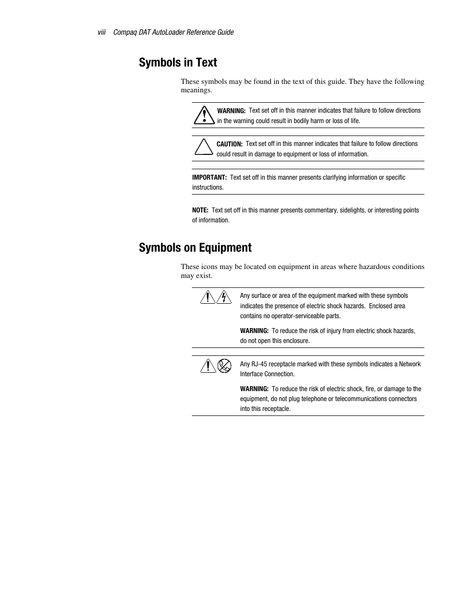 Symbols in text, Symbols on equipment | Compaq 326817-003 User Manual | Page 8 / 80
