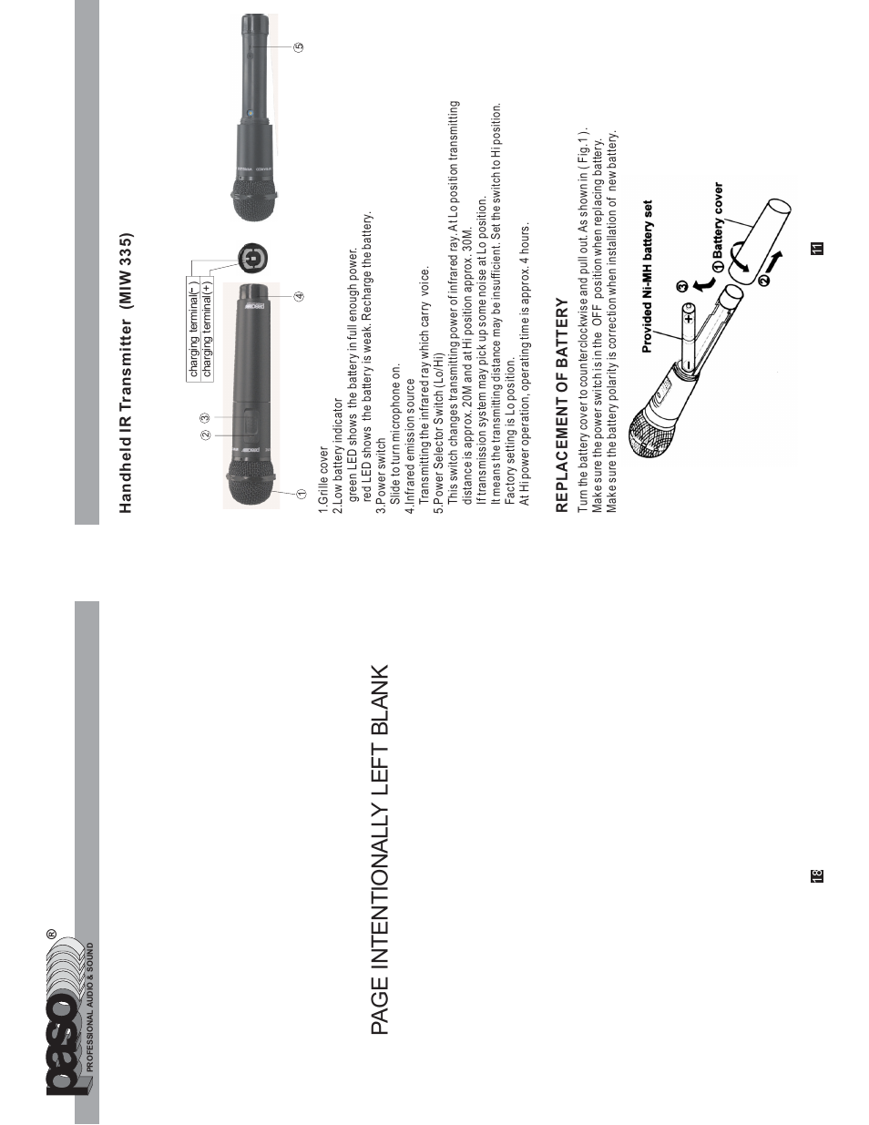 Pa ge intentionall y left blank, Handheld ir t ransmitter (miw 3 35), Replacement of ba tter y | Paso Sound WPCS50 User Manual | Page 13 / 16