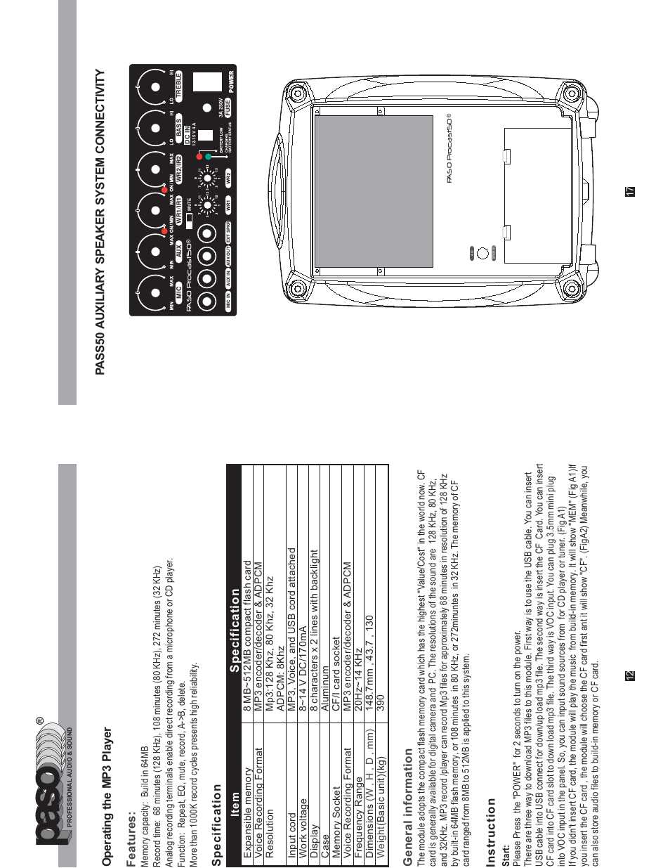 Specification instruction features, Pa ss50 auxiliar y speaker system connectivity | Paso Sound WPCS50 User Manual | Page 14 / 16