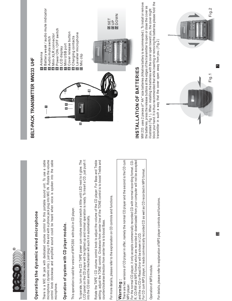 Bel t -p ack transmitter m w233 uhf, Inst alla tion of ba tteries, Operating the d ynamic wired microphone w arning | Operation of system with cd player module | Paso Sound WPCS50 User Manual | Page 9 / 16