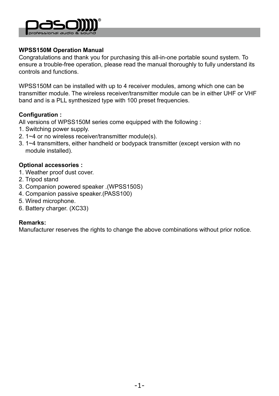 Paso Sound WPSS150M User Manual | Page 2 / 32