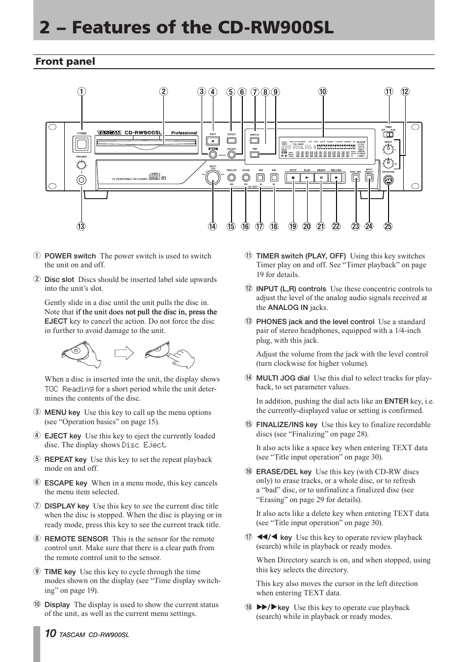 2 − features of the cd-rw900sl, Front panel, Important safety precautions | Paso Sound PCDRW900SL User Manual | Page 10 / 36