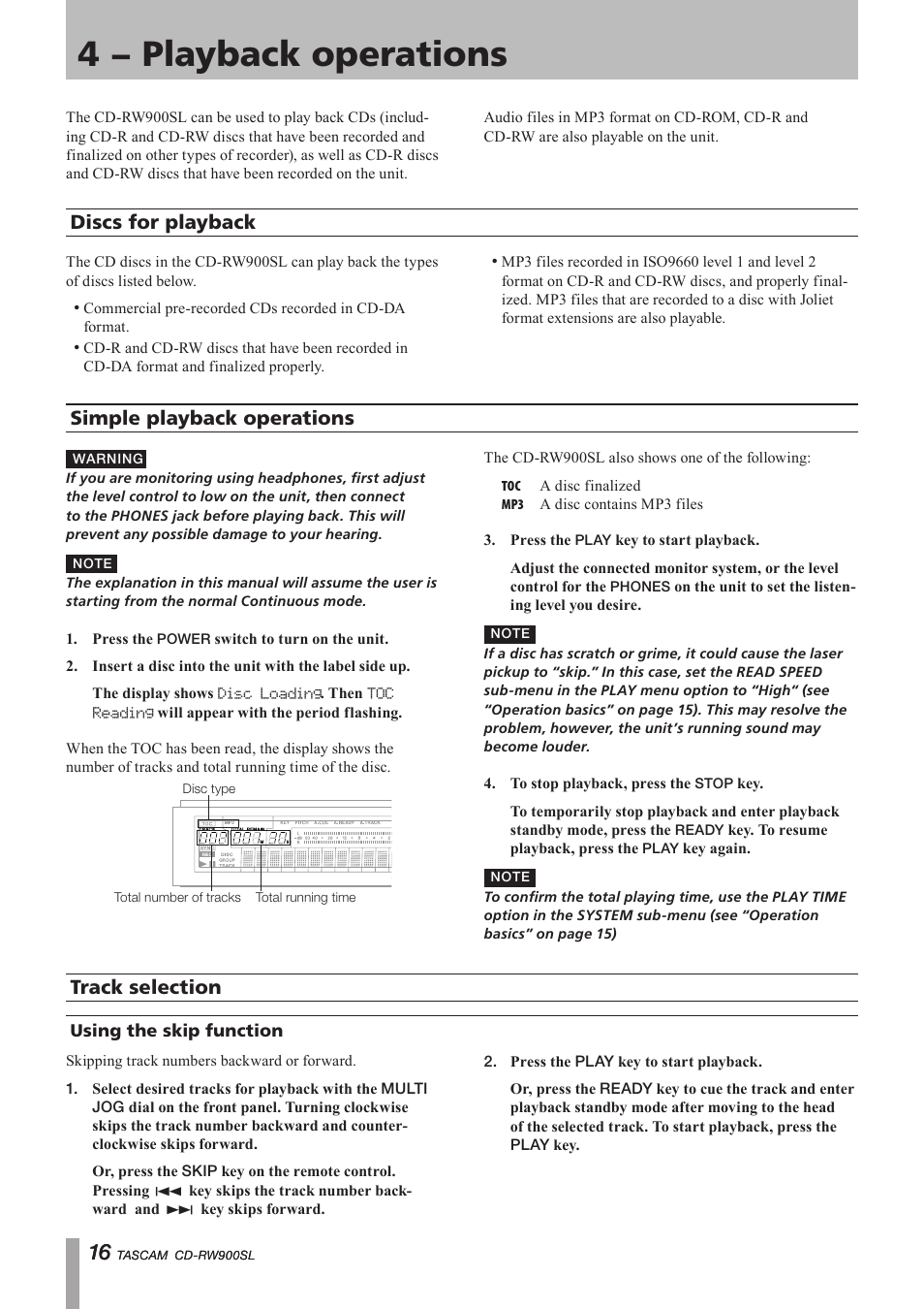 4 − playback operations, Discs for playback, Simple playback operations | Track selection, Using the skip function, Important safety precautions | Paso Sound PCDRW900SL User Manual | Page 16 / 36