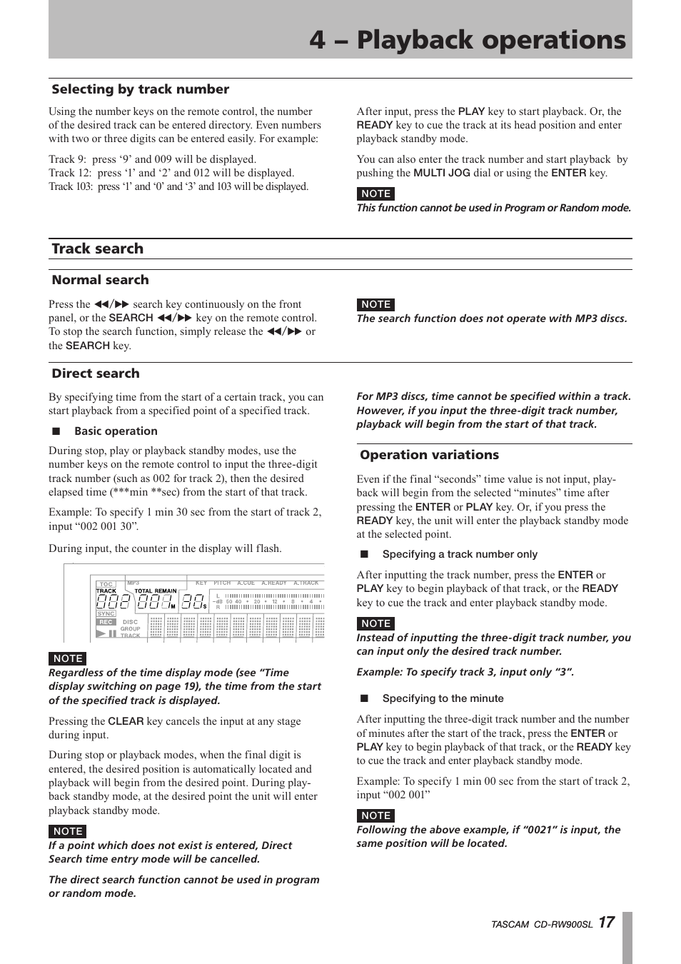 Selecting by track number, Track search, Normal search | Direct search, Basic operation, Operation variations, Specifying a track number only, Specifying to the minute, Normal search direct search, 4 − playback operations | Paso Sound PCDRW900SL User Manual | Page 17 / 36