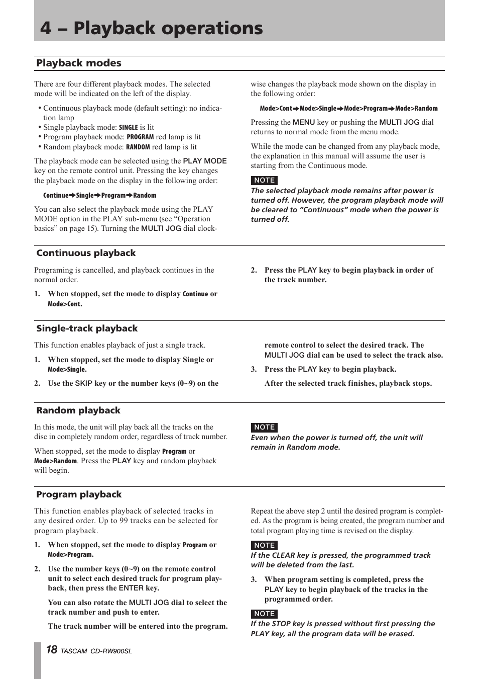 Playback modes, Continuous playback, Single-track playback | Random playback, Program playback, 4 − playback operations, Important safety precautions | Paso Sound PCDRW900SL User Manual | Page 18 / 36