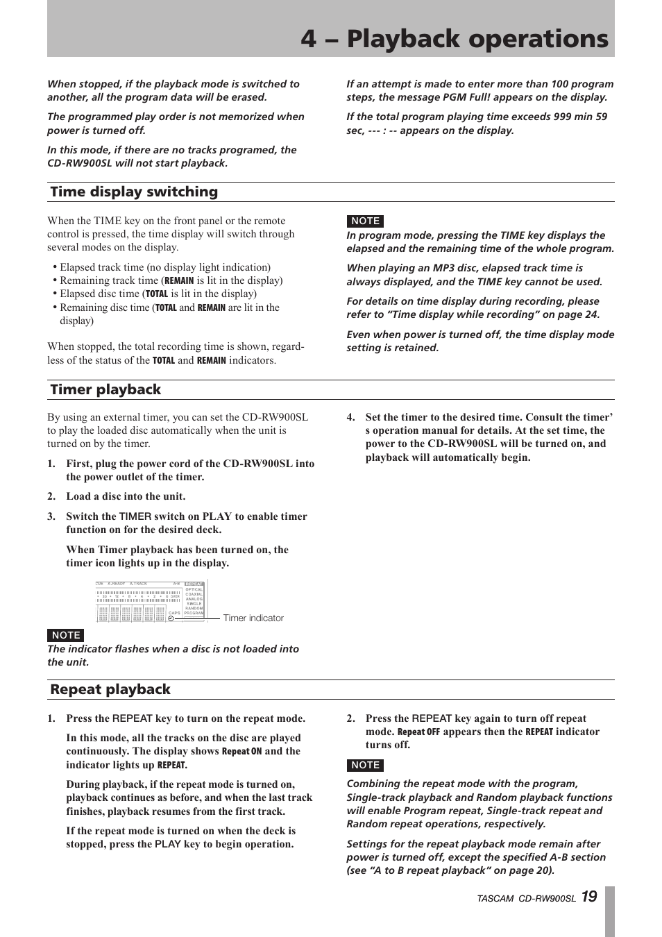 Time display switching, Timer playback, Repeat playback | 4 − playback operations, Important safety instructions | Paso Sound PCDRW900SL User Manual | Page 19 / 36