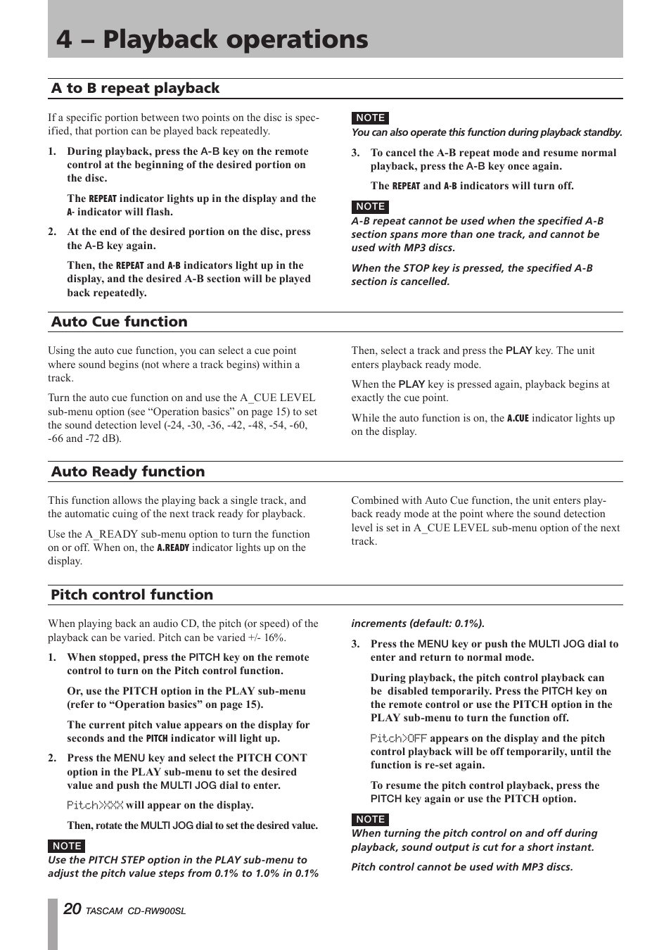 A to b repeat playback, Auto cue function, Auto ready function | Pitch control function, 4 − playback operations, Important safety precautions, Auto ready function pitch control function | Paso Sound PCDRW900SL User Manual | Page 20 / 36