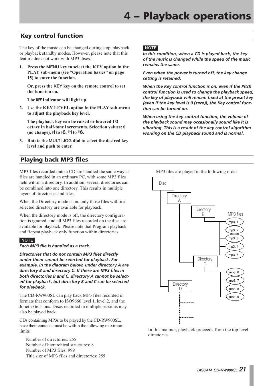 Key control function, Playing back mp3 files, 4 − playback operations | Important safety instructions | Paso Sound PCDRW900SL User Manual | Page 21 / 36