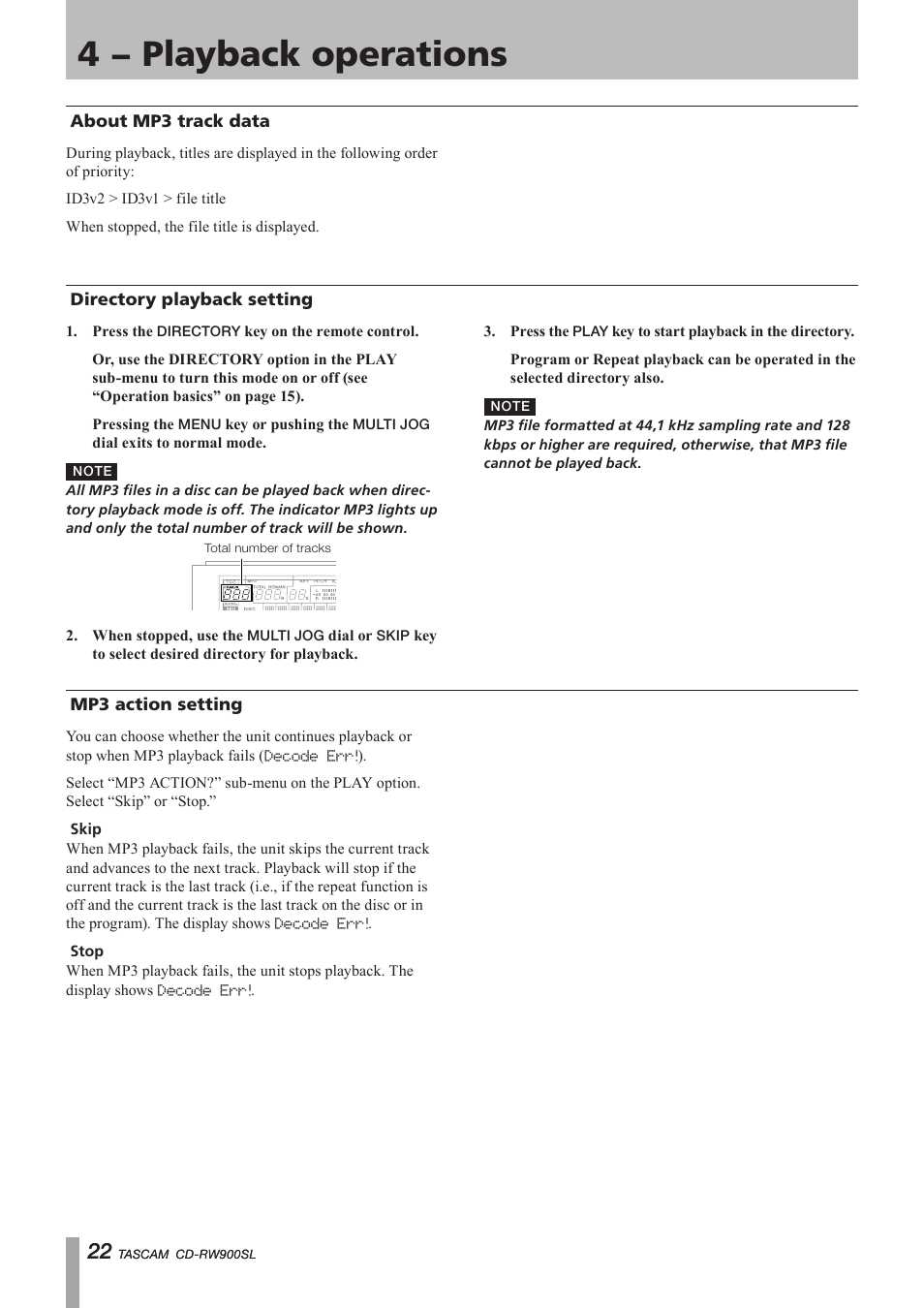 About mp3 track data, Directory playback setting, Mp3 action setting | 4 − playback operations, Important safety precautions | Paso Sound PCDRW900SL User Manual | Page 22 / 36