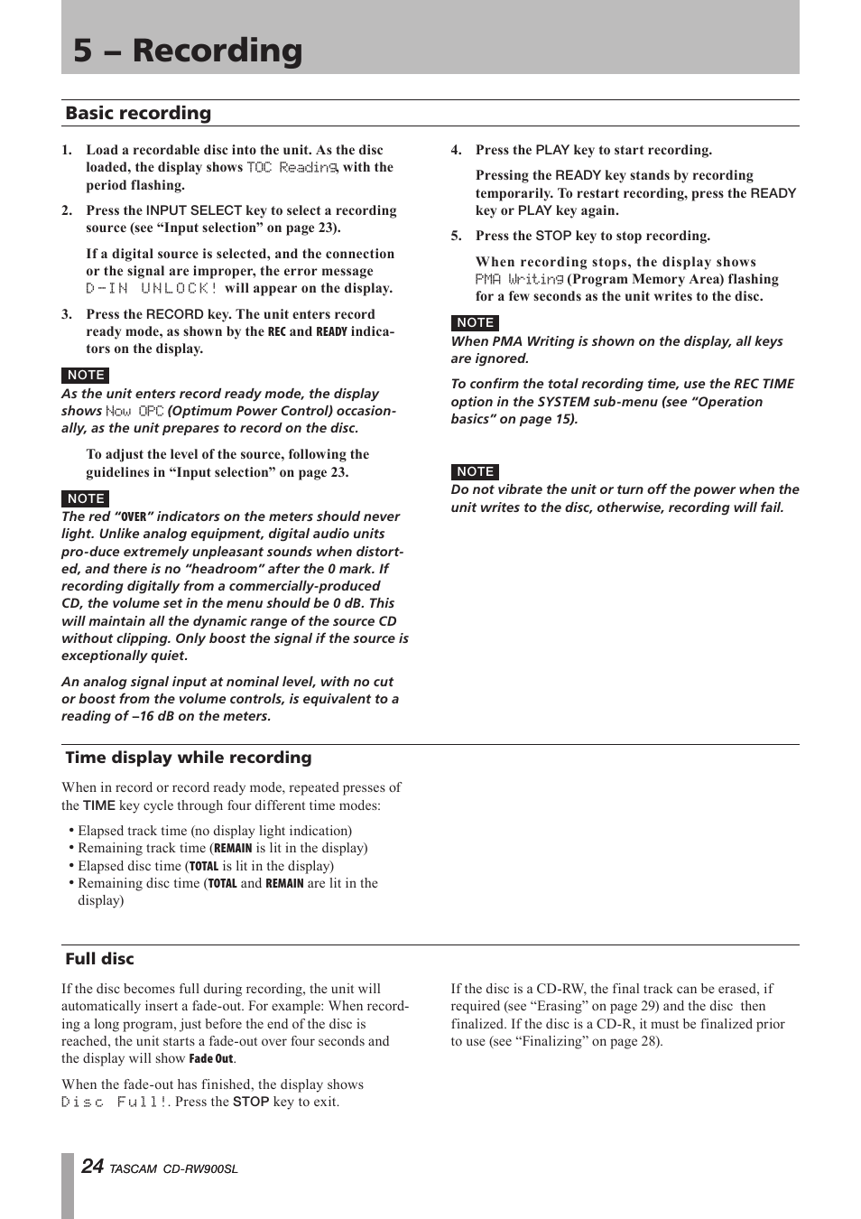 Basic recording, Time display while recording, Full disc | Time display while recording full disc, 5 − recording, Important safety precautions | Paso Sound PCDRW900SL User Manual | Page 24 / 36