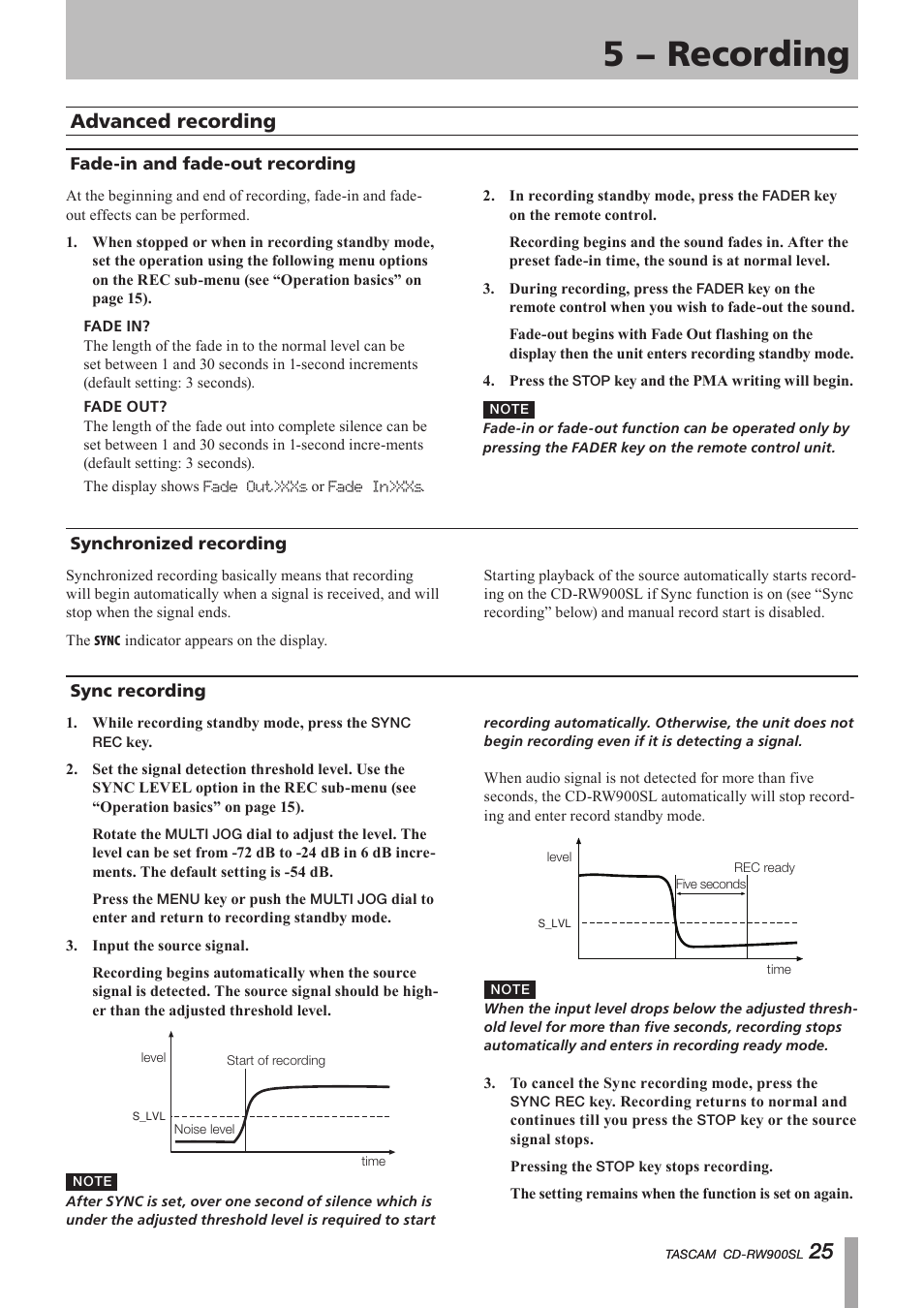 Advanced recording, Fade-in and fade-out recording, Synchronized recording | Sync recording, 5 − recording, Important safety instructions | Paso Sound PCDRW900SL User Manual | Page 25 / 36