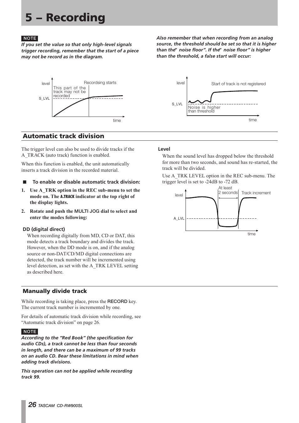 Automatic track division, To enable or disable automatic track division, Manually divide track | 5 − recording, Important safety precautions | Paso Sound PCDRW900SL User Manual | Page 26 / 36