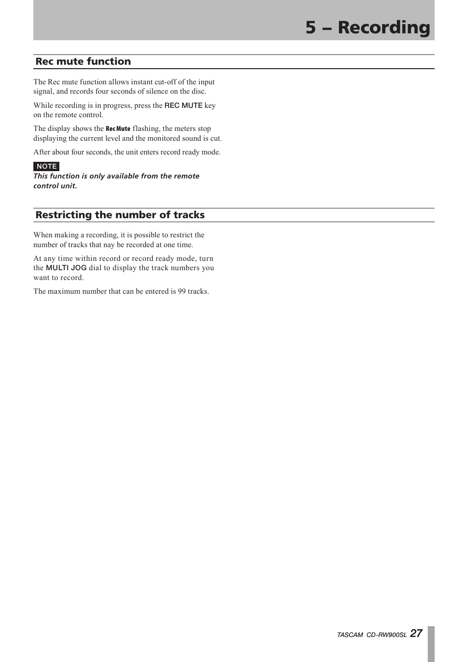 Rec mute function, Restricting the number of tracks, 5 − recording | Important safety instructions | Paso Sound PCDRW900SL User Manual | Page 27 / 36