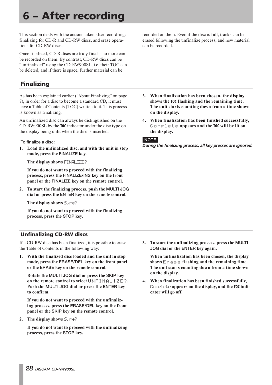 6 − after recording, Finalizing, Unfinalizing cd-rw discs | Important safety precautions | Paso Sound PCDRW900SL User Manual | Page 28 / 36