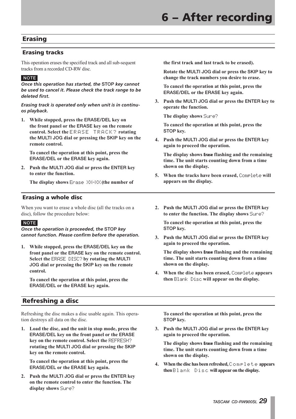 Erasing, Erasing tracks, Erasing a whole disc | Refreshing a disc, Erasing tracks erasing a whole disc, 6 − after recording, Important safety instructions | Paso Sound PCDRW900SL User Manual | Page 29 / 36