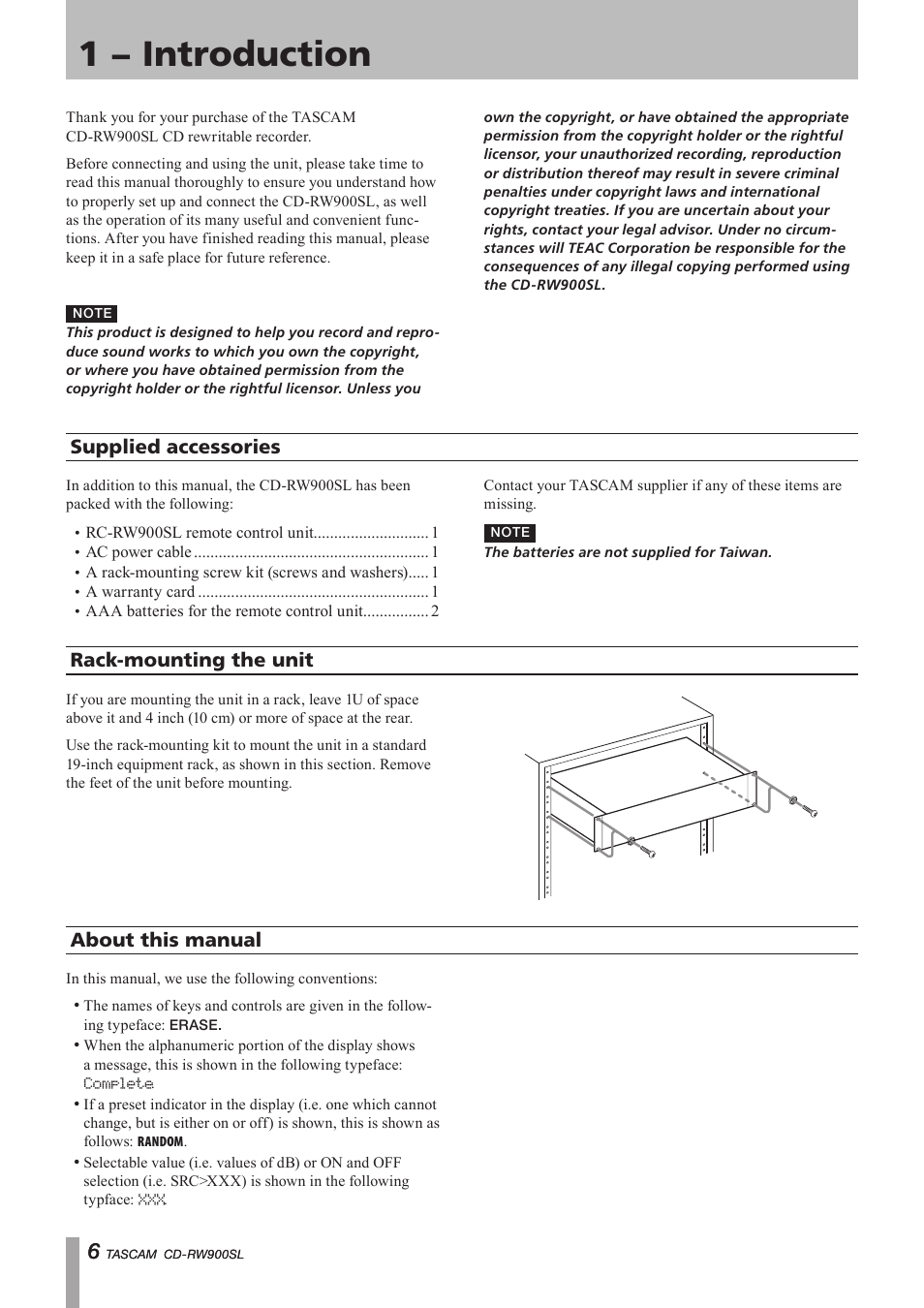 1 − introduction, Supplied accessories, Rack-mounting the unit | About this manual, Important safety precautions | Paso Sound PCDRW900SL User Manual | Page 6 / 36